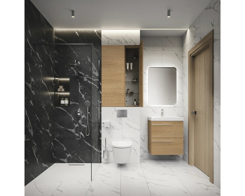 Modernes Badezimmer mit Dusche, Waschtisch, Spiegel und Toilette
