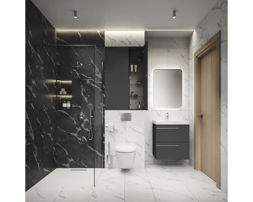 Modernes Badezimmer mit Dusche, Toilette, Waschtisch und Spiegel