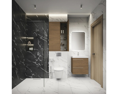 Modernes Badezimmer mit Dusche, Waschtisch, Spiegelschrank und Toilette.