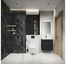 Modernes Badezimmer mit Dusche, Toilette, Waschtisch und Spiegel