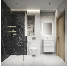 Modernes Badezimmer mit Dusche, Toilette, Waschtisch und Spiegelschrank.