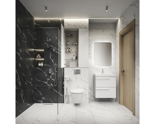 Modernes Badezimmer mit Dusche, Toilette, Waschtisch und Spiegelschrank.
