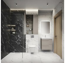 Modernes Badezimmer mit Dusche, Toilette, Waschtisch und Spiegel