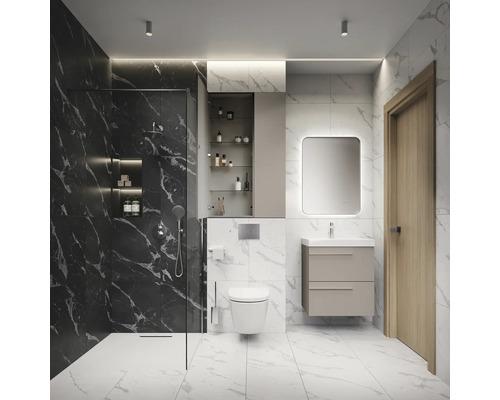 Modernes Badezimmer mit Dusche, Toilette, Waschtisch und Spiegel