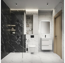 Modernes Badezimmer mit Dusche, Toilette, Waschtisch und Spiegel