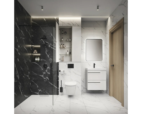 Modernes Badezimmer mit Dusche, Toilette, Waschtisch und Spiegel