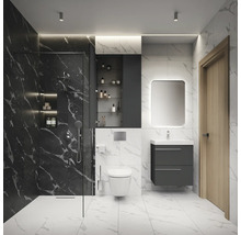 Modernes Badezimmer mit Dusche, Waschtisch, Spiegelschrank und Toilette