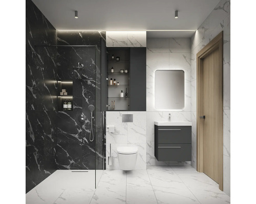 Modernes Badezimmer mit Dusche, Waschtisch, Spiegelschrank und Toilette