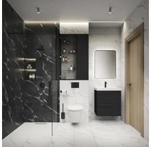 Modernes Badezimmer mit Dusche, Toilette, Waschtisch und Spiegelschrank.