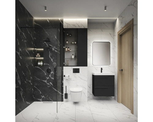 Modernes Badezimmer mit Dusche, Toilette, Waschtisch und Spiegelschrank.