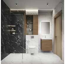 Modernes Badezimmer mit Dusche, Toilette, Waschtisch und Spiegelschrank