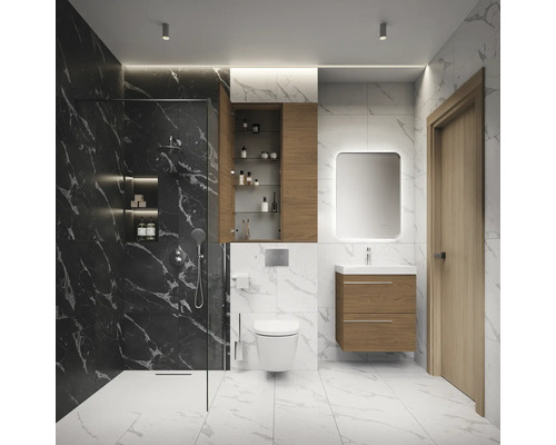 Modernes Badezimmer mit Dusche, Toilette, Waschtisch und Spiegelschrank
