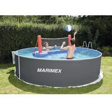 Marimex Frame Pool mit Volleyballnetz und zwei Personen im Garten