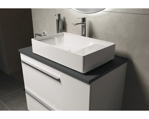 Waschtisch mit Unterschrank, Aufsatzwaschbecken, Armatur und Seifenspender