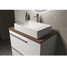 Modernes Badezimmer mit Aufsatzwaschbecken, Armatur und Unterschrank für ein stilvolles Ambiente.