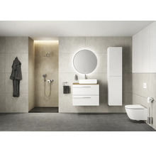 Modernes Badezimmer mit Dusche, Waschtisch, Spiegel, Hochschrank und Wandtoilette für ein stilvolles Ambiente