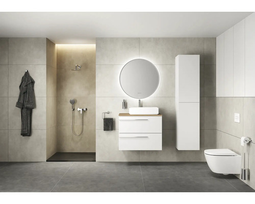 Modernes Badezimmer mit Dusche, Waschtisch, Spiegel, Hochschrank und Wandtoilette für ein stilvolles Ambiente