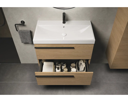 Waschtischunterschrank mit Schublade, Waschbecken, Handtüchern und Badaccessoires