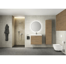Modernes Badezimmer mit Dusche, Waschtisch, Spiegel, Toilette und Schränken
