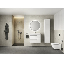 Badezimmer mit Dusche, Waschtisch, Spiegel, Toilette und Stauraum