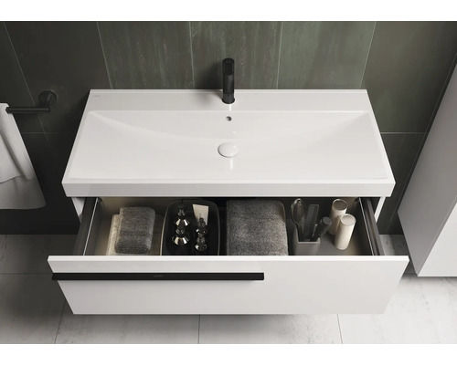 Waschtischunterschrank mit offenem Schubfach und Waschtisch