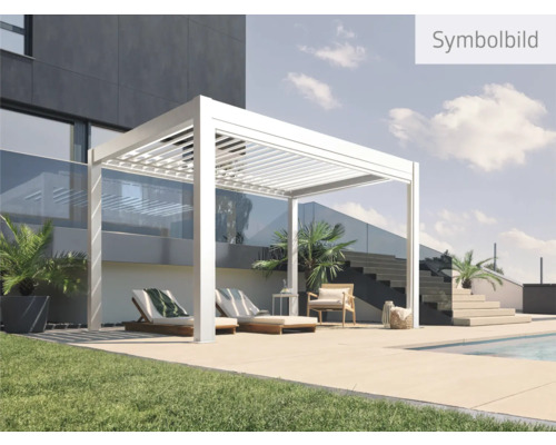 Illustration eines Gartens mit Pergola, Liegestühlen und Pool