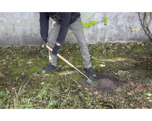 Eine Person gräbt mit einem Spaten ein Loch im Garten.