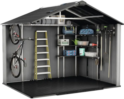 Geöffneter Geräteschuppen mit Regalen, Leiter, Fahrrad und Gartengeräten für die Gartenaufbewahrung