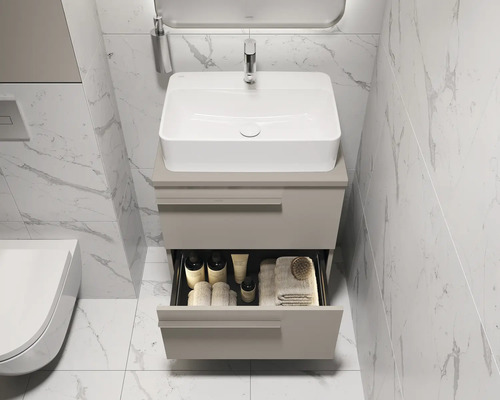 Modernes Badezimmer mit Waschbeckenunterschrank und offenem Schubfach