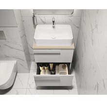Badezimmerwaschtisch mit offenem Schubfach, Waschbecken und Armatur