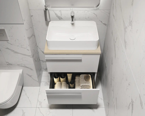 Badezimmerwaschtisch mit offenem Schubfach, Waschbecken und Armatur