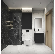 Modernes Badezimmer mit Dusche, Waschbecken, Spiegelschrank und Toilette