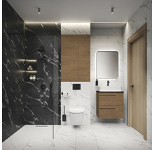 Modernes Badezimmer mit Dusche, Waschtisch, Spiegelschrank und Toilette