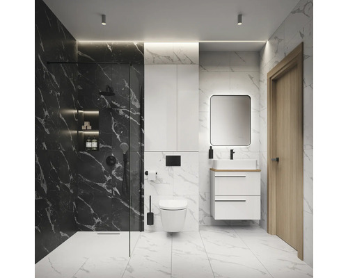 Modernes Badezimmer mit Dusche, Toilette, Waschtisch und Spiegel