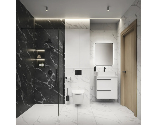 Modernes Badezimmer mit Dusche, Waschtisch, Spiegelschrank und Marmoroptik