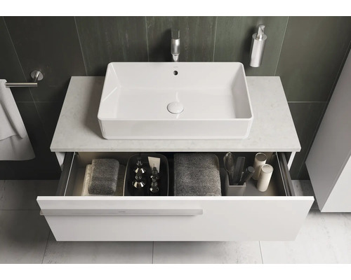 Modernes Badezimmer mit Aufsatzwaschbecken, Waschtischunterschrank mit Auszug