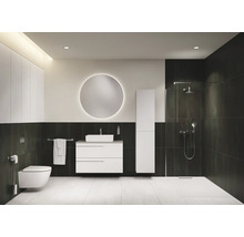 Modernes Badezimmer mit Toilette, Waschtisch, Spiegel, Schrank und Dusche