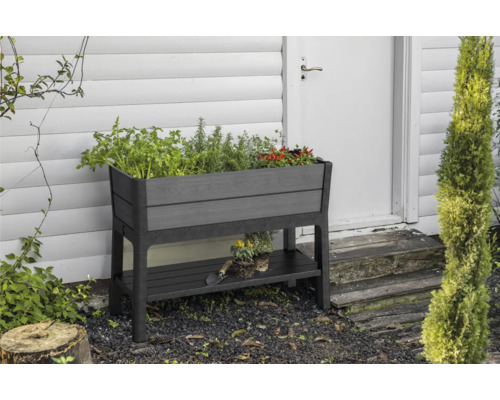 Hochbeet aus Kunststoff mit Ablage vor einer Hauswand