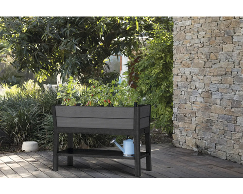 Hochbeet mit Pflanzen und Gießkanne im Garten