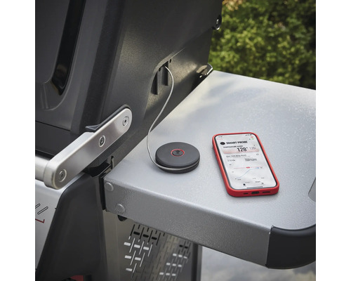 Smart Probe Temperaturfühler mit Smartphone auf einem Grilltisch
