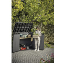 Gartenschrank mit geöffnetem Deckel, Rasenmäher und Frau mit Pflanzenkiste