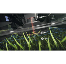 Detailansicht eines Rasenmähers mit Anzeige der Schnitthöhe zwischen null und zehn Zentimetern