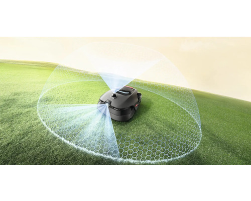 Rasenmähroboter auf einer Rasenfläche mit Sensorvisualisierung