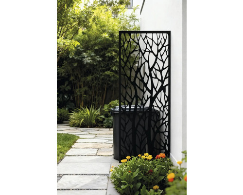 Mülltonnenbox mit Baummuster im Garten