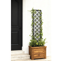 Dekorative Holzpflanzkiste mit Rankgitter an einer Hauswand