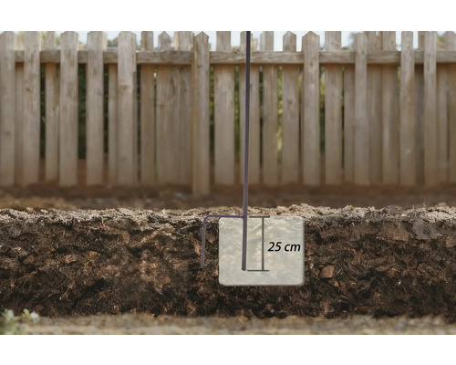 Illustration eines Erdankers mit einer Tiefe von 25 cm im Boden vor einem Holzzaun.