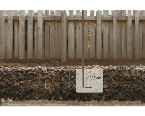 Ein Erdanker mit einer Länge von 25 cm wird im Boden befestigt, um Stabilität zu gewährleisten.