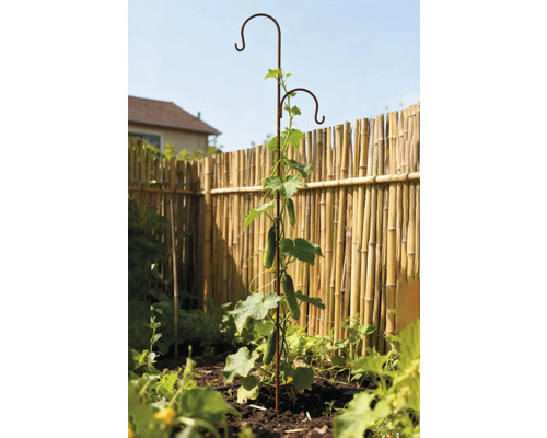 Gurkenpflanze wächst an Pflanzenstütze im Garten