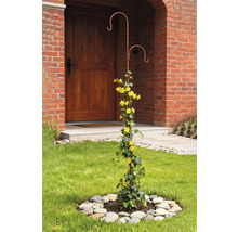 Dekorative Rankhilfe aus Metall mit gelben Blüten im Vorgarten.