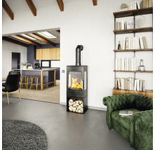 Wohnzimmer mit Kaminofen, Holzregal und grüner Polstergarnitur